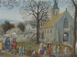 Villagers on Their Way to Church from Book of  Hours, about 1550.  Simon Bening (Flemish, about 1483 – 1561). Tempera colors and gold paint.