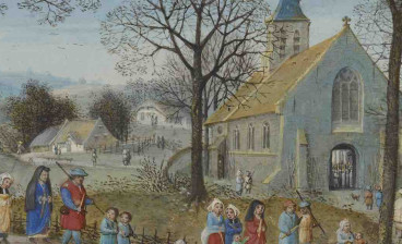 Villagers on Their Way to Church from Book of  Hours, about 1550.  Simon Bening (Flemish, about 1483 – 1561). Tempera colors and gold paint.